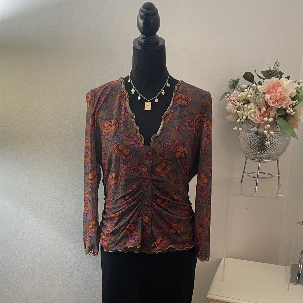NATURAL LIFE Tan, Pink, Orange and Turquoise Floral Ruched Blouse